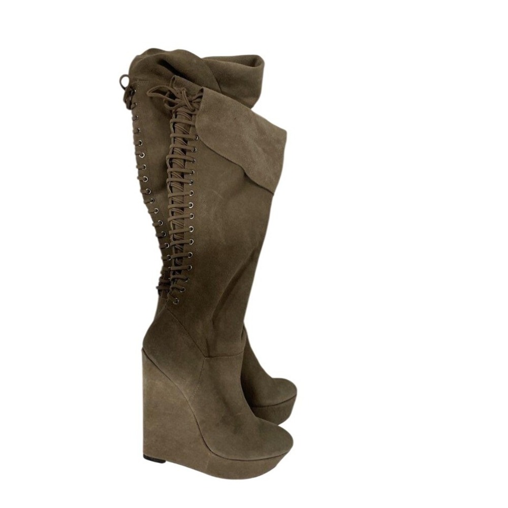Bakers Garcia Taupe Leather Over The Knee Wedge Boots Lace Up Back Womens 6 2681